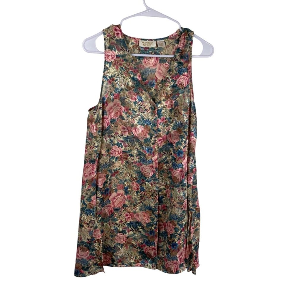 Vtg Victoria's Secret Gold Label Sleep Shirt Button Up Semi Sheer Floral Sz PS